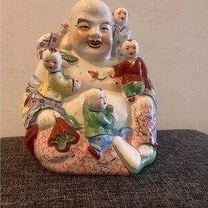 Multicolored Ceramic Buddha with Children Figurine